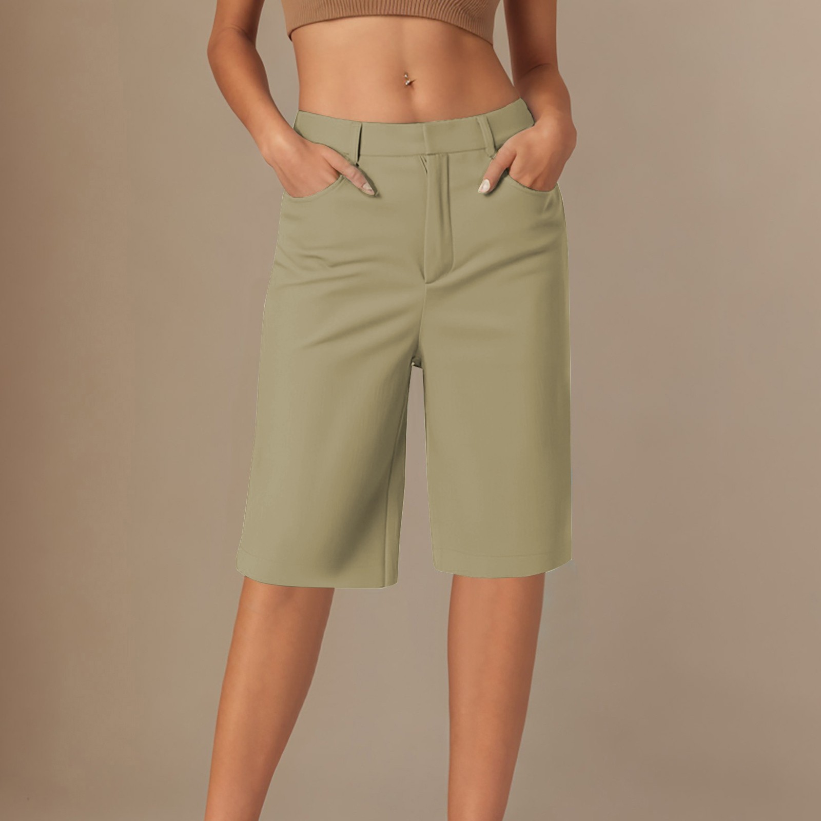 thumbnail image 2 of Leggings de sarga elásticos de cinco octavos para mujer: pantalones informales de pierna recta, cómodos para el uso diario, disponibles en colores lisos., 2 of 5